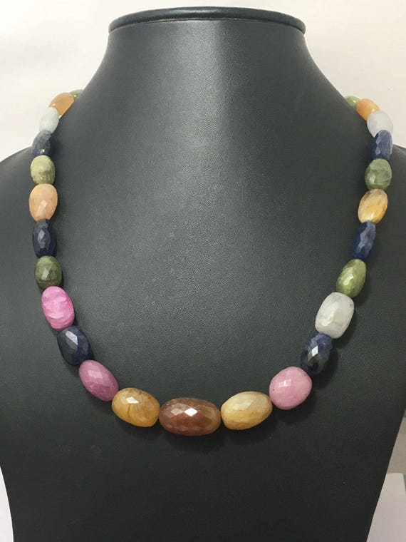 Aaa Quality Natural Mutli Sapphire Faceted Oval 10 To 20 Mm Gemstone Beaded Necklace 24" ! Natural Multi Sapphire Necklace For Sale