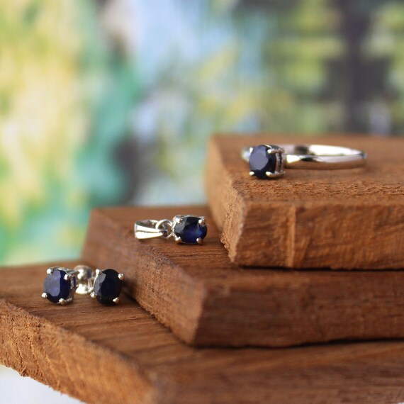 Sapphire Sterling Silver Jewelry Set, Sapphire Minimalist Jewelry Set, Blue Gemstone Ring Pendant Earring, Sapphire Gift Set, Office Jewelry