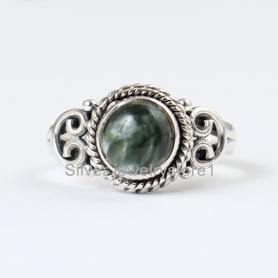 Real Green Seraphinite Ring, Gemstone Ring, Seraphinite Jewelry, Handmade Ring, Unisex Ring, 7 Mm Round Ring, Statement Ring, Gift Rings