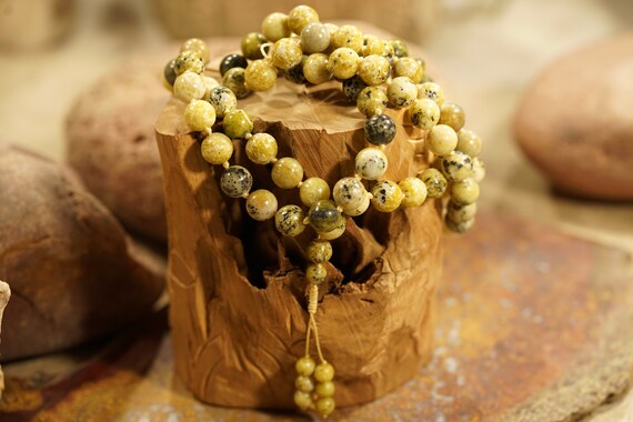 Serpentine Mala Beads • Serpentine Necklace • Yellow Mala Necklace • Beaded Tassel • Spiritual Jewelry • Meaningful Gift • 10mm • 2782