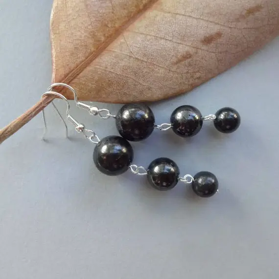 Shungite Stone Dangle Earrings For Women, 8-10-12 Mm Black Beads, Silwer Plated Earwire, Spiritual Chakra Healing Trendy Jewelry