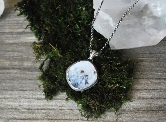 Old Stock Sale - Scenic Dendritic Agate Handmade Pendant - Sterling Silver Necklace - Winter Storm Snowflake Jewelry - Black And White