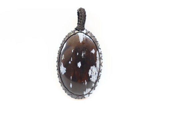 Snowflake Obsidian Macrame Pendant, Base & Solar Plexus Chakras Healing Pendant, Grounding Snowflake Obsidian Polished Crystal, Pendant