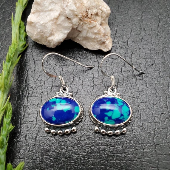 Socute925 Azurite Malachite Dangle Earrings | Big Azurite Earrings | Sterling Silver Dangle Earrings | Big Azurite Jewelry | Made In Usa
