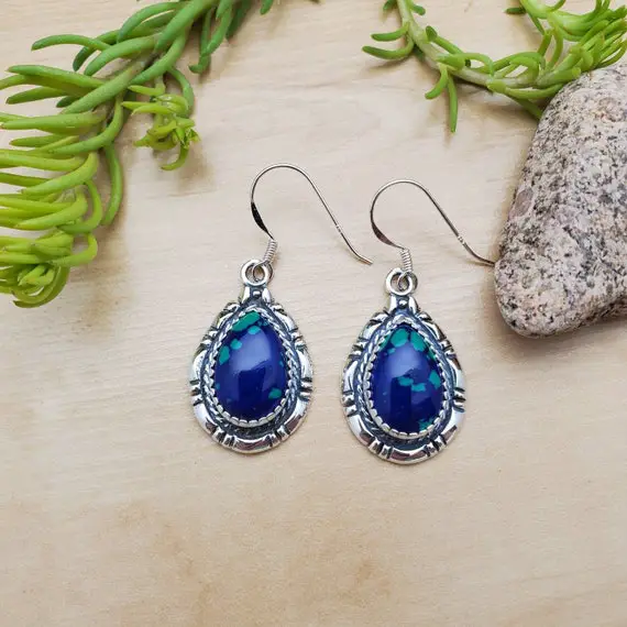 Socute925 Large Teardrop Dangle Earrings | Azurite Malachite Jewelry | Sterling Silver Azurite Earrings | Blue And Green Earring Made In Usa