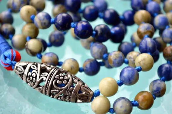 Sodalite 108 Hand Knotted Mala Buddhist Beads Necklace - Energized Karma Nirvana Meditation 8mm Prayer Beads For Awakening Chakra Kundalini