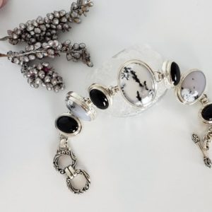 Shop Dendritic Agate Bracelets! Statement Dendrite and Onyx Bracelet Bezel Set in Sterling Silver, Dendritic Agate and Onyx, Black and White Adjustable Bracelet | Natural genuine Dendritic Agate bracelets. Buy crystal jewelry, handmade handcrafted artisan jewelry for women.  Unique handmade gift ideas. #jewelry #beadedbracelets #beadedjewelry #gift #shopping #handmadejewelry #fashion #style #product #bracelets #affiliate #ad
