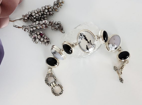 Statement Dendrite And Onyx Bracelet Bezel Set In Sterling Silver, Dendritic Agate And Onyx, Black And White Adjustable Bracelet