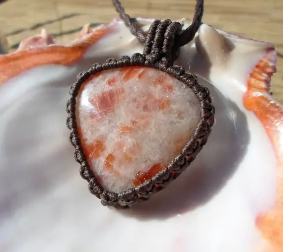 Sunstone Necklace, Sunstone Macrame Stone Necklace, Bohemian Sunstone Pendant, Large Drop Cabochon, Orange Healing Crystal Necklace