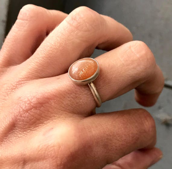 Elegant Orange Sparkly Golden Oval Sunstone Sterling Silver Ring | Boho | Sunstone Ring | Gifts For Her