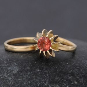 Shop Sunstone Rings! Oregon Sunstone Engagement Ring with Matching Wedding Band in 18K Gold – Sea Urchin Ring | Natural genuine Sunstone rings, simple unique alternative gemstone engagement rings. #rings #jewelry #bridal #wedding #jewelryaccessories #engagementrings #weddingideas #affiliate #ad