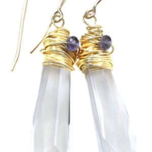 Shop Tanzanite Earrings! Spyglass Designs Wire Wrapped Earrings created with Clear Crystals  14k Solid Gold or Sterling Silver Dangles 2 Inch Tanzanite Accents | Natural genuine Tanzanite earrings. Buy crystal jewelry, handmade handcrafted artisan jewelry for women.  Unique handmade gift ideas. #jewelry #beadedearrings #beadedjewelry #gift #shopping #handmadejewelry #fashion #style #product #earrings #affiliate #ad