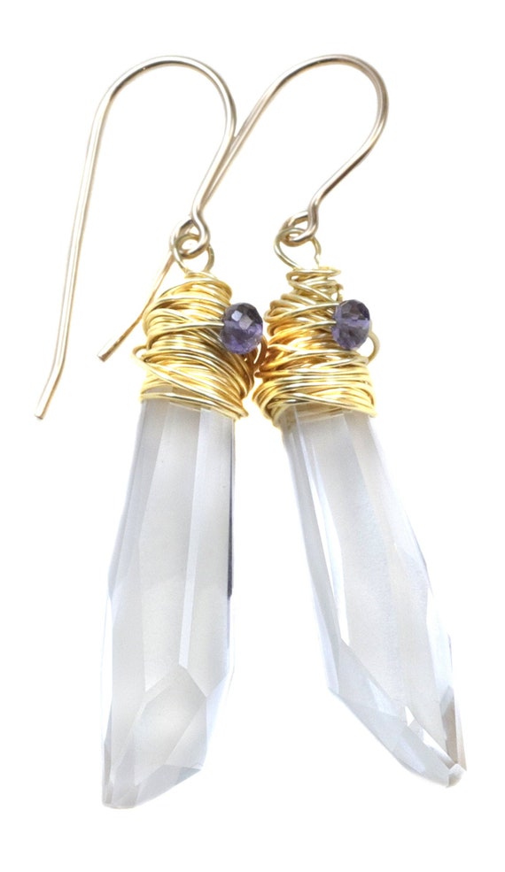 Spyglass Designs Wire Wrapped Earrings Created With Clear Crystals  14k Solid Gold Or Sterling Silver Dangles 2 Inch Tanzanite Accents