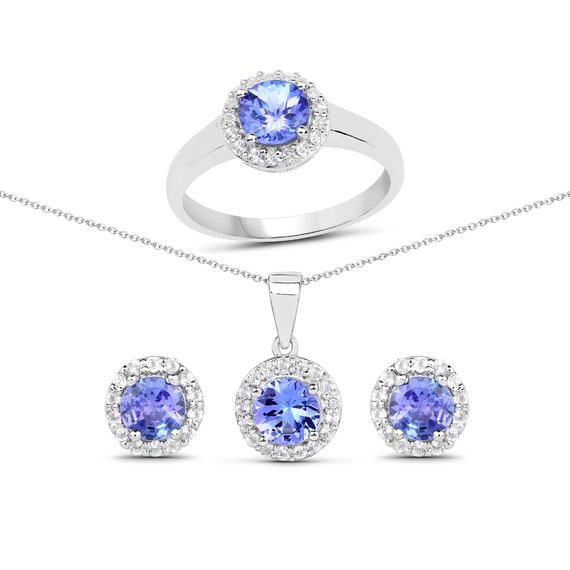 Natural Tanzanite Jewelry Set, 925 Sterling Silver Tanzanite Set, December Birthstone Jewelry Set, Tanzanite Ring Earring Pendant Set
