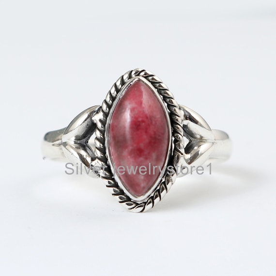 Handmade Thulite Marquise Ring: .925 Sterling Silver Boho Jewelry Handmade Thulite Marquise Ring: .925 Sterling Silver Boho Jewelry