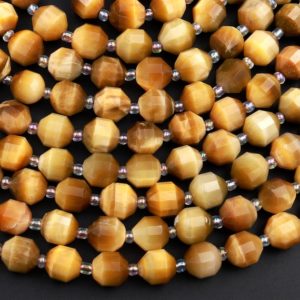 Shop Tiger Eye Faceted Beads! Natural Blonde Tiger's Eye 8mm 10mm Beads Faceted Energy Prism Double Terminated Points 15.5" Strand | Natural genuine faceted Tiger Eye beads for beading and jewelry making.  #jewelry #beads #beadedjewelry #diyjewelry #jewelrymaking #beadstore #beading #affiliate #ad