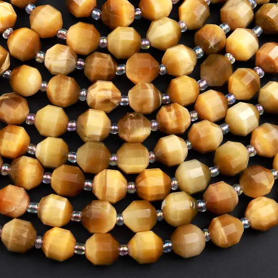 Natural Blonde Tiger's Eye 8mm 10mm Beads Faceted Energy Prism Double Terminated Points 15.5" Strand
