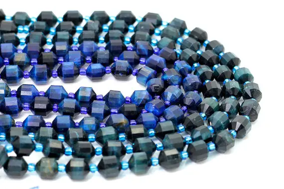 Natural Blue Tiger Eye Beads, Faceted Round Double Terminated Points Energy Prism Cut Tiger Eye Gemstone Beads - Pgs320