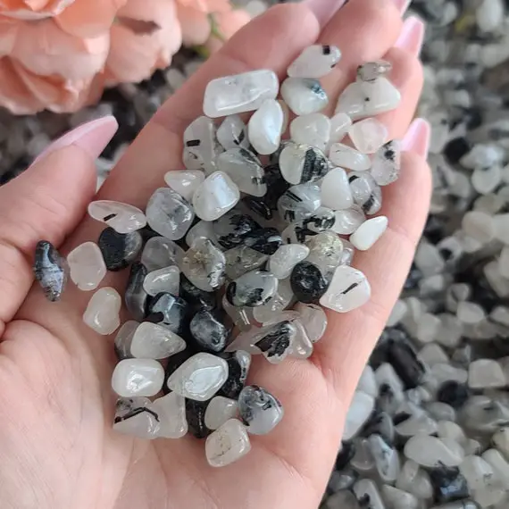 Small Tumbled Tourmaline In Quartz Crystal Chips In Bulk Lots, 5-15 Mm Undrilled Loose Gemstones For Orgonites Or Crafts