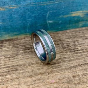 Titanium Wedding Ring with Moss Agate – Moss Agate Ring for Men – Free Ring Engraving | Natural genuine Moss Agate rings, simple unique alternative gemstone engagement rings. #rings #jewelry #bridal #wedding #jewelryaccessories #engagementrings #weddingideas #affiliate #ad