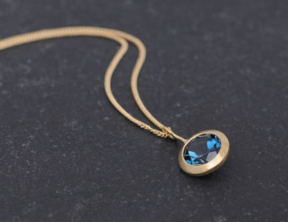 London Blue Topaz Necklace In 18k Gold, Gift For Her Blue Gem Gold Necklace
