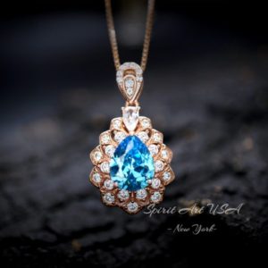 Shop Topaz Pendants! Teardrop Blue Topaz Necklace – Rose Gold Sterling Silver – 2.8 CT Double Halo Swiss Blue Topaz Pendant –  Layered Lily Flower Jewelry #765 | Natural genuine Topaz pendants. Buy crystal jewelry, handmade handcrafted artisan jewelry for women.  Unique handmade gift ideas. #jewelry #beadedpendants #beadedjewelry #gift #shopping #handmadejewelry #fashion #style #product #pendants #affiliate #ad