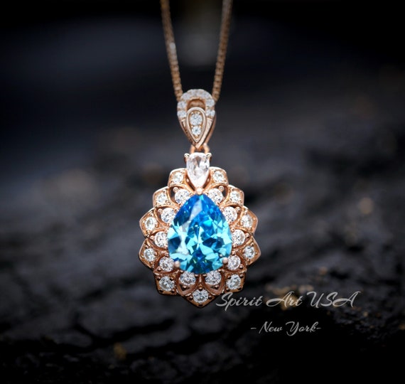 Teardrop Blue Topaz Necklace - Rose Gold Sterling Silver - 2.8 Ct Double Halo Swiss Blue Topaz Pendant -  Layered Lily Flower Jewelry #765