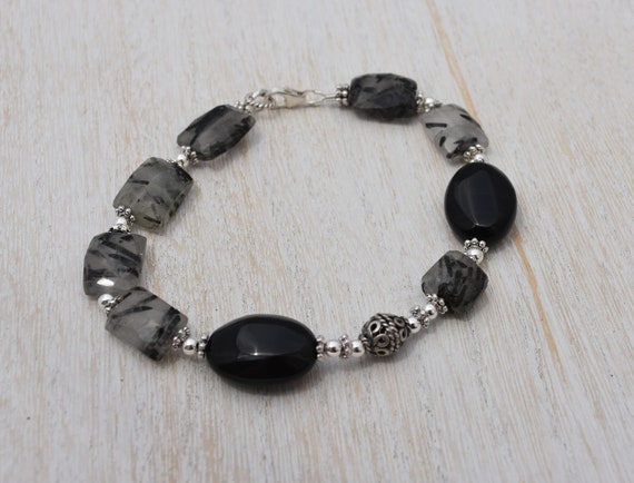 Tourmalinated Quartz Bracelet, Black Agate Beads, Sterling Silver, Lobster Claw Clasp, Sophisticated Jewelry, Gemstone, Beaded Bracelet, 7"