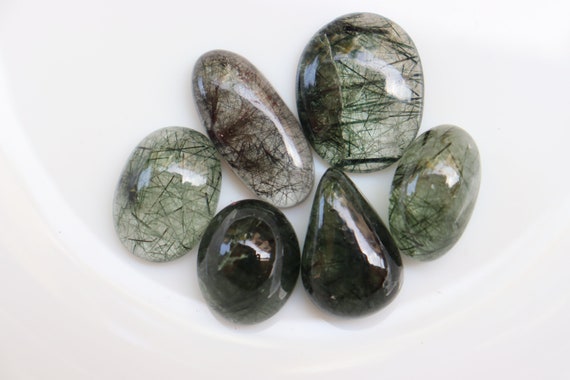 Natural Green And Black Rutilated Cabochon, Tourmalinated Quartz Cabochon, Tourmalinated Quartz Gemstone, Loose Stone, Pocket Stone.