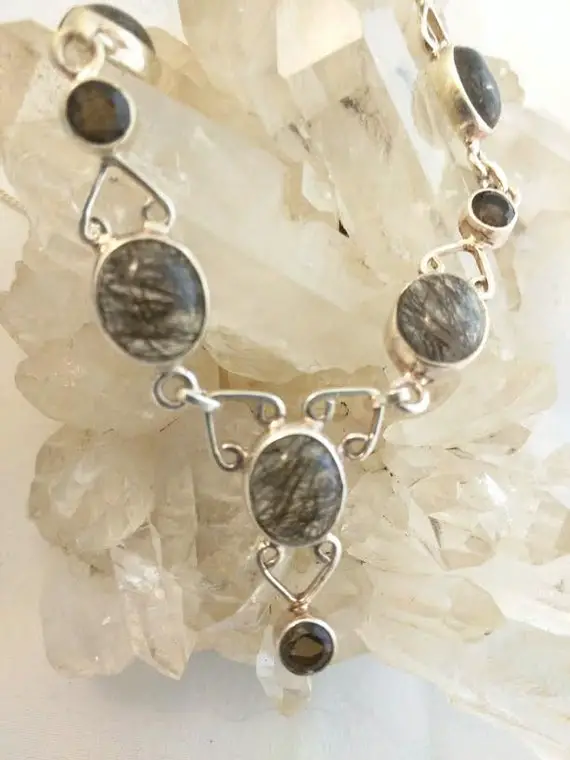 Tourmalinated Quartz & Faceted Smoky Gemstone Necklace 925 Sterling Silver 17 - 18 Inch Healing Crystals Natural Stone Black Tourmaline