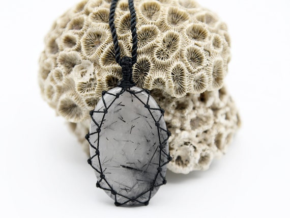 Tourmalinated Quartz Jewelry, Macrame Wrapped Crystal Pendant, Protection Necklace For Man, 3rd Anniversary Gift For Him