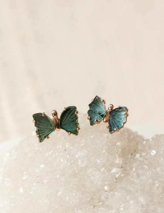 Rose Gold Teal Tourmaline Butterfly Stud Earrings, Blue Chakra Crystal Studs, Healing Throat Chakra, Gift For Wife, Dainty Tourmaline Studs
