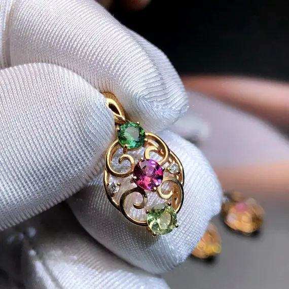 Colourful Tourmaline Engagement Pendant,stunning Natural Tourmaline Pendant 18k Solid Rose Gold,hand Made Pendant Gift,gemstone Pendant