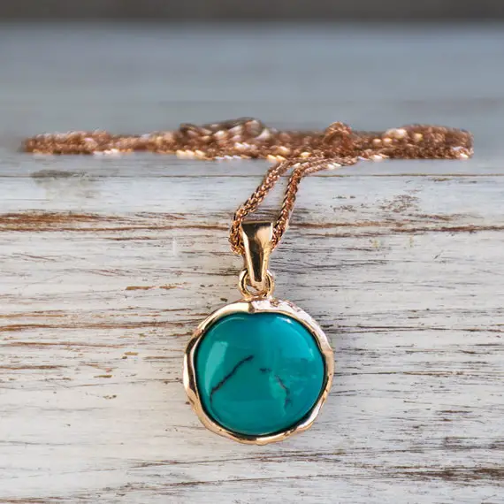 Turquoise Necklace, 14k Solid Rose Gold Pendant, December Birthstone Necklace, Gold Necklace, Blue Gemstone Necklace, Solid Gold Necklace