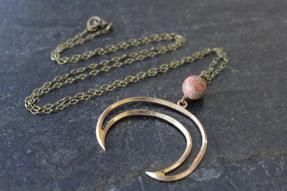 Long Gold Crescent Necklace, Antique Brass Chain, Crescent Moon Pendant, Metal Necklace, Crescent Celestial Jewelry, Unakite Pendant