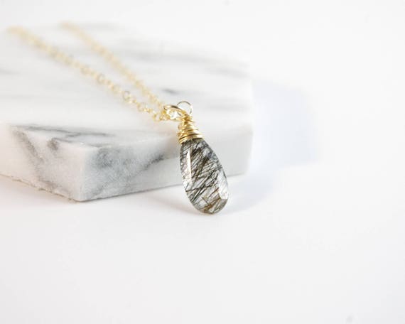 Unique Gemstone Necklace - Mothers Day Gift - Gift For Her - Tourmalinated Quartz Necklace - Edgy Gold Fill Jewelry - Delicate Ooak Necklace