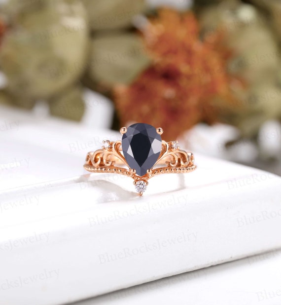 Vintage Black Onyx Engagement Ring, Art Deco Diamond Ring, Rose Gold Milgrain Ring, Pear Cut Ring, Bridal Wedding Ring,anniversary Ring