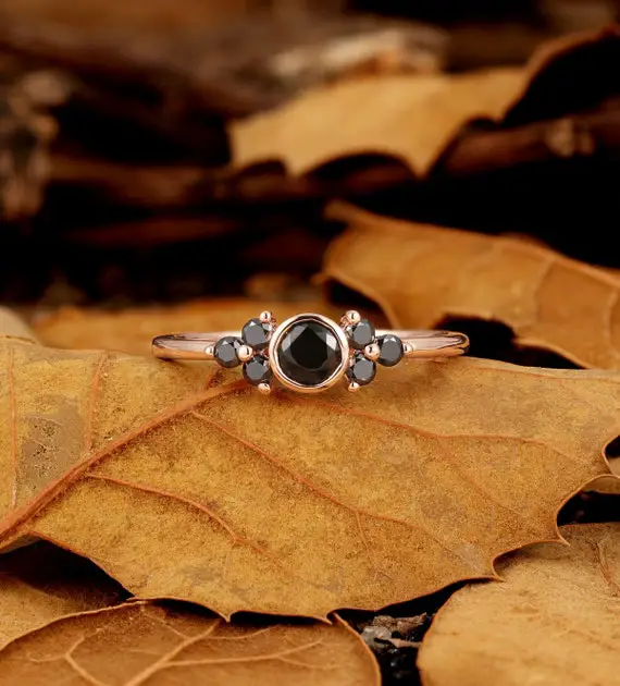 Vintage Black Onyx Engagement Ring|antique Rose Gold Bezel Wedding Ring |art Deco Black Diamond Cluster Bridal Ring | Uniqueanniversary Ring