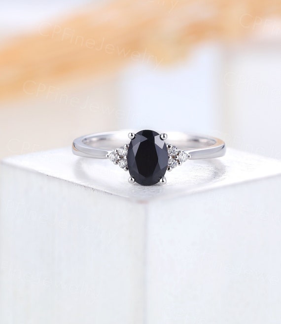 Vintage Black Onyx Engagement Ring,art Deco Oval Cut Wedding Ring White Gold,halo Diamond Prong Set Ring, Anniversary Ring ,unique Ring
