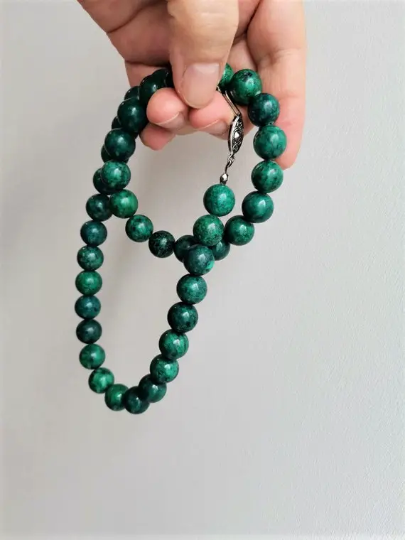 Vintage Malachite Necklace, Beaded Malachite Necklace Of Round, Forest Green Beads, Classic Malachite Choker Necklace, Late Eighties