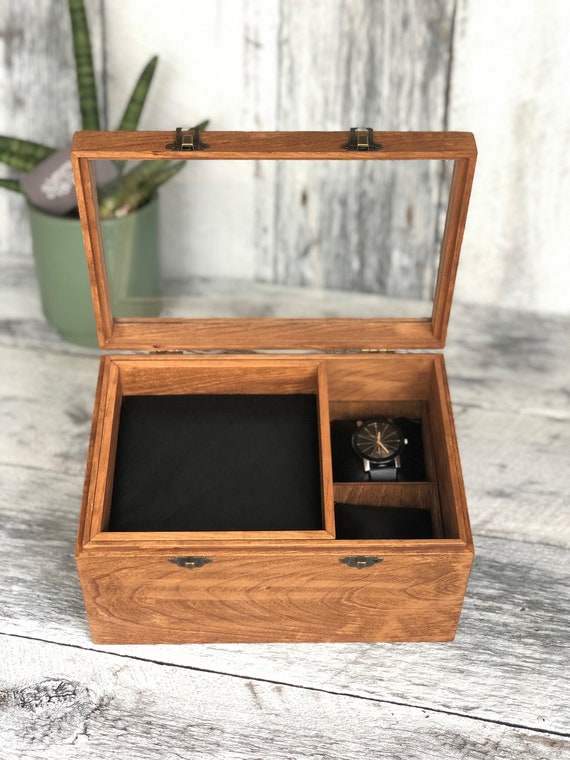 Maple Wood Watch Box: Glass Top, 6 Compartments & Valet Tray