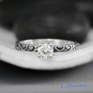 Dainty Scroll Engagement Ring, Sterling Silver White Sapphire Promise Ring for Her, Art Nouveau Solitaire Ring | Moonkist Designs | Natural genuine Gemstone rings, simple unique alternative gemstone engagement rings. #rings #jewelry #bridal #wedding #jewelryaccessories #engagementrings #weddingideas #affiliate #ad