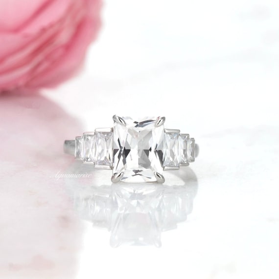White Sapphire Engagement Ring In 925 Sterling Silver- Emerald Cut Diamond Promise Ring- September Birthstone- Anniversary Gift For Her
