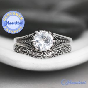 White Sapphire Wedding Ring Set, Sterling Silver Filigree Engagement Ring Set, Vintage Style Ring & Curved Band | Moonkist Designs | Natural genuine Gemstone jewelry. Buy handcrafted artisan wedding jewelry.  Unique handmade bridal jewelry gift ideas. #jewelry #beadedjewelry #gift #crystaljewelry #shopping #handmadejewelry #wedding #bridal #jewelry #affiliate #ad