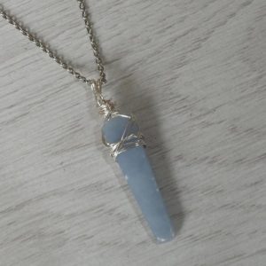Wire Wrapped Natural Raw Angelite Crystal Point Pendant Necklace on Stainless Steel Chain, Reiki Healing, Ladies Gift, Made to Order | Natural genuine Gemstone pendants. Buy crystal jewelry, handmade handcrafted artisan jewelry for women.  Unique handmade gift ideas. #jewelry #beadedpendants #beadedjewelry #gift #shopping #handmadejewelry #fashion #style #product #pendants #affiliate #ad
