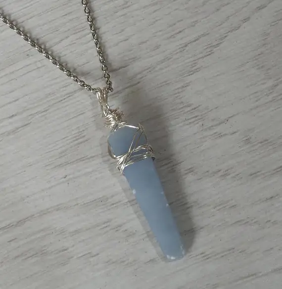 Wire Wrapped Natural Raw Angelite Crystal Point Pendant Necklace On Stainless Steel Chain, Reiki Healing, Ladies Gift, Made To Order