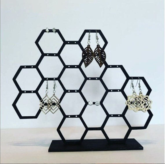 Wood Honeycomb Earring Display | Wood Earring Holder Stand  | Modern White Stud Or Dangling Earring Jewelry Storage | Custom Color