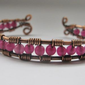 Shop Agate Bracelets! Copper Wire Wrapped Cuff Bracelet with Fuchsia Agate | Natural genuine Agate bracelets. Buy crystal jewelry, handmade handcrafted artisan jewelry for women.  Unique handmade gift ideas. #jewelry #beadedbracelets #beadedjewelry #gift #shopping #handmadejewelry #fashion #style #product #bracelets #affiliate #ad