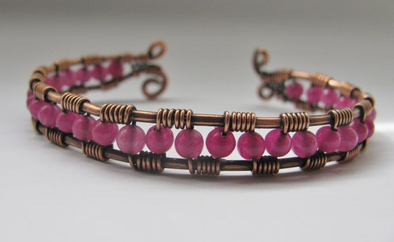 Copper Wire Wrapped Cuff Bracelet With Fuchsia Agate