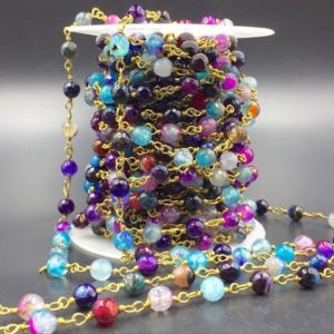Shop Agate Faceted Beads! Faceted Agate Rosary Chain Mix Color Agate Gemstone Rosary Style Chain Wire Wrapped Jewelry Chain Silver/Gold Plated 6mm Beads Chain FCN | Natural genuine faceted Agate beads for beading and jewelry making.  #jewelry #beads #beadedjewelry #diyjewelry #jewelrymaking #beadstore #beading #affiliate #ad